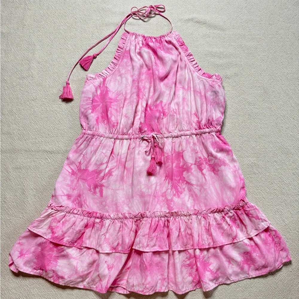 Majorelle Pink Baker Tie Dye Halter Ruffle‎ Tassels Mini Dress XL - Picture 2 of 8
